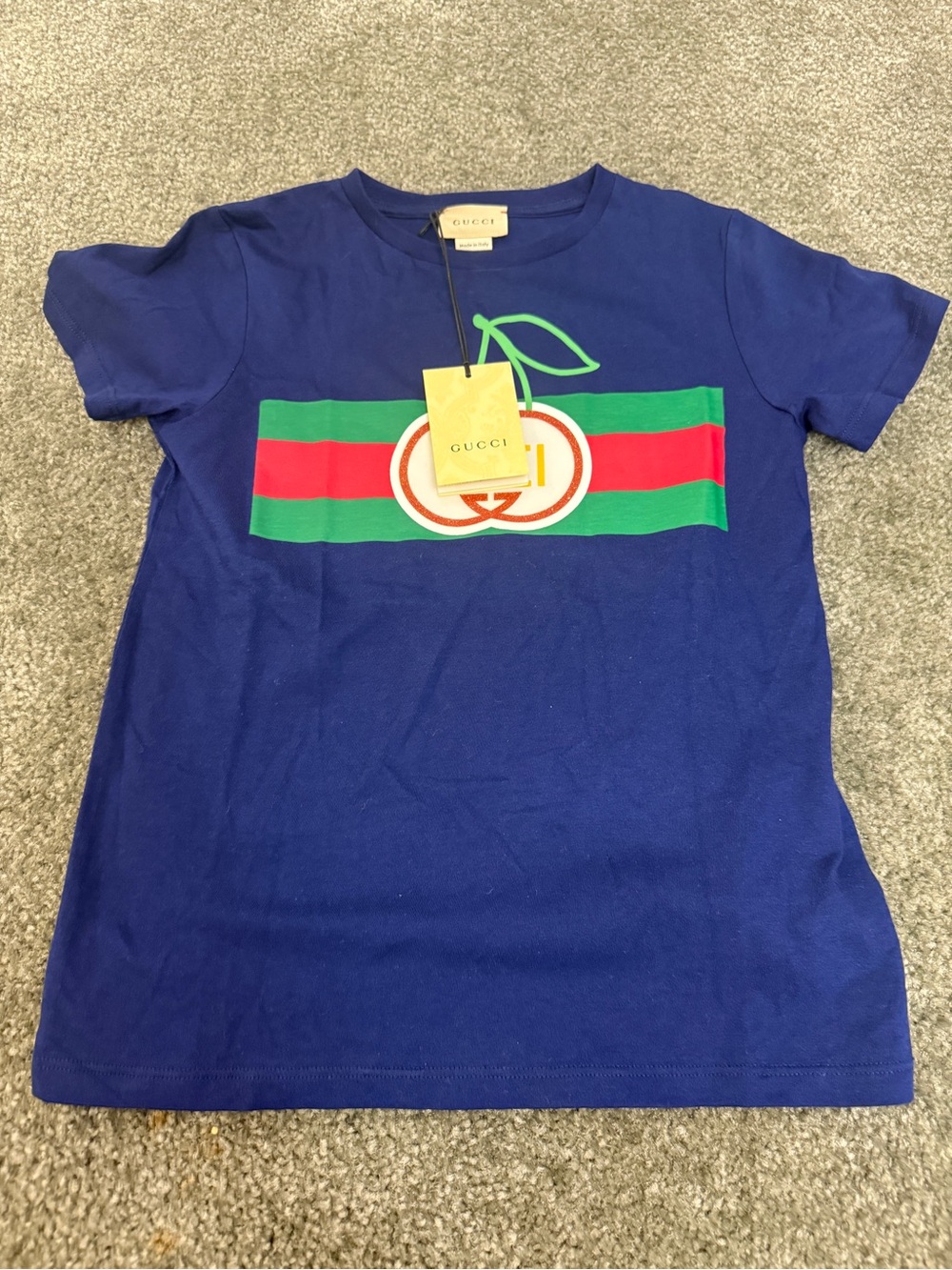 Gucci Blue Short-Sleeve Tee with Red & Green Stripe Cherry Logo